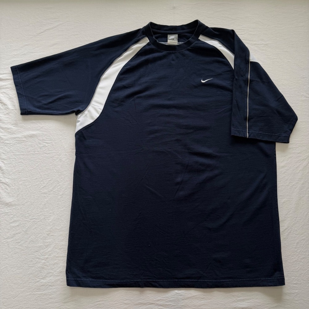 Nike Shirt Mens XL Navy Gray Colorblock Mesh Panels Embroidered Swoosh Crewneck